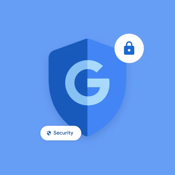 Several icons indicate Google security, including a Google G in a shield, a lock icon, and a small chip that says 
