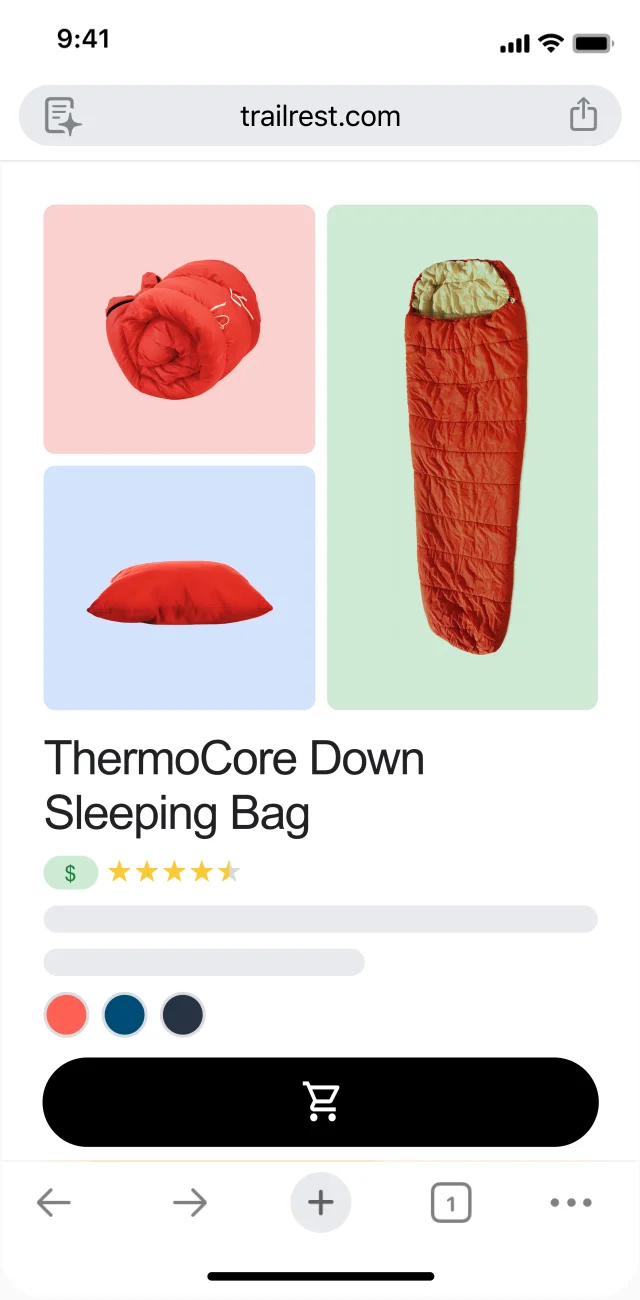 On a retail page featuring a sleeping bag, a user opens Gemini in Chrome. A box appears so they can ask Gemini a question.